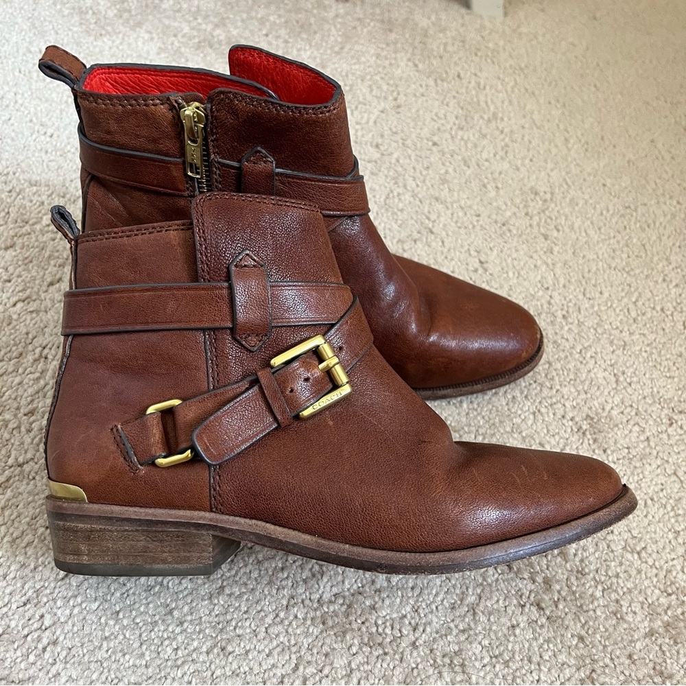Coach Leoda Dark Ginger Distressed Brown Leather Bootie Ankle Boots Buckle 5.5 - Picture 5 of 14